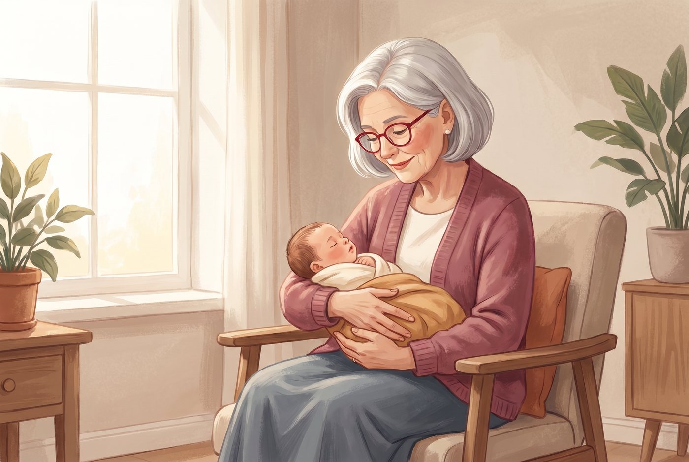 Ilustracja: babcia tuli noworodka