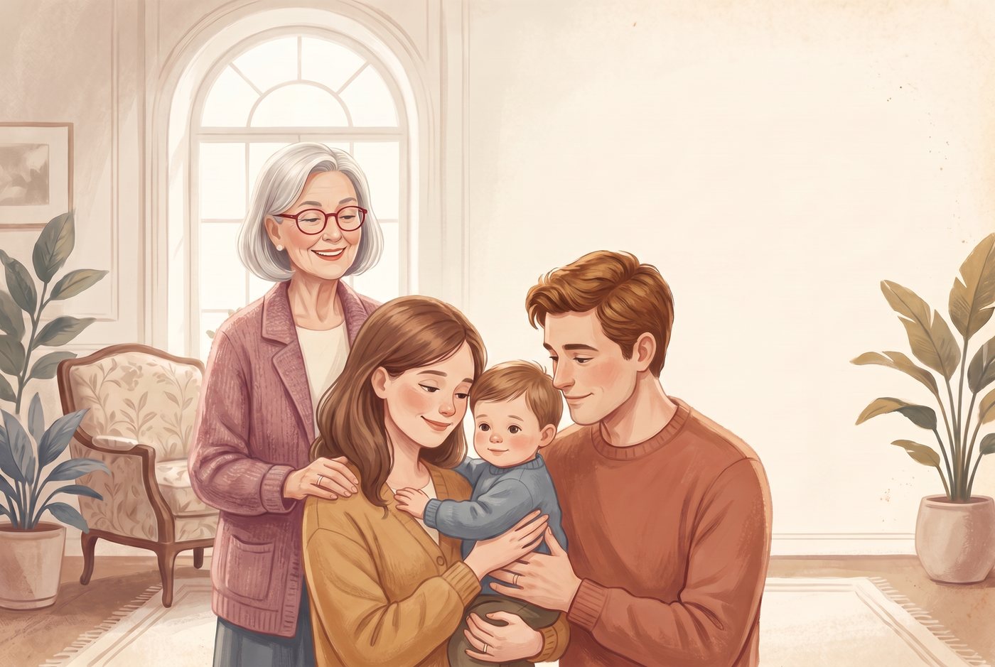 Ilustracja: babcia z dumą za rodzicami i wnukiem