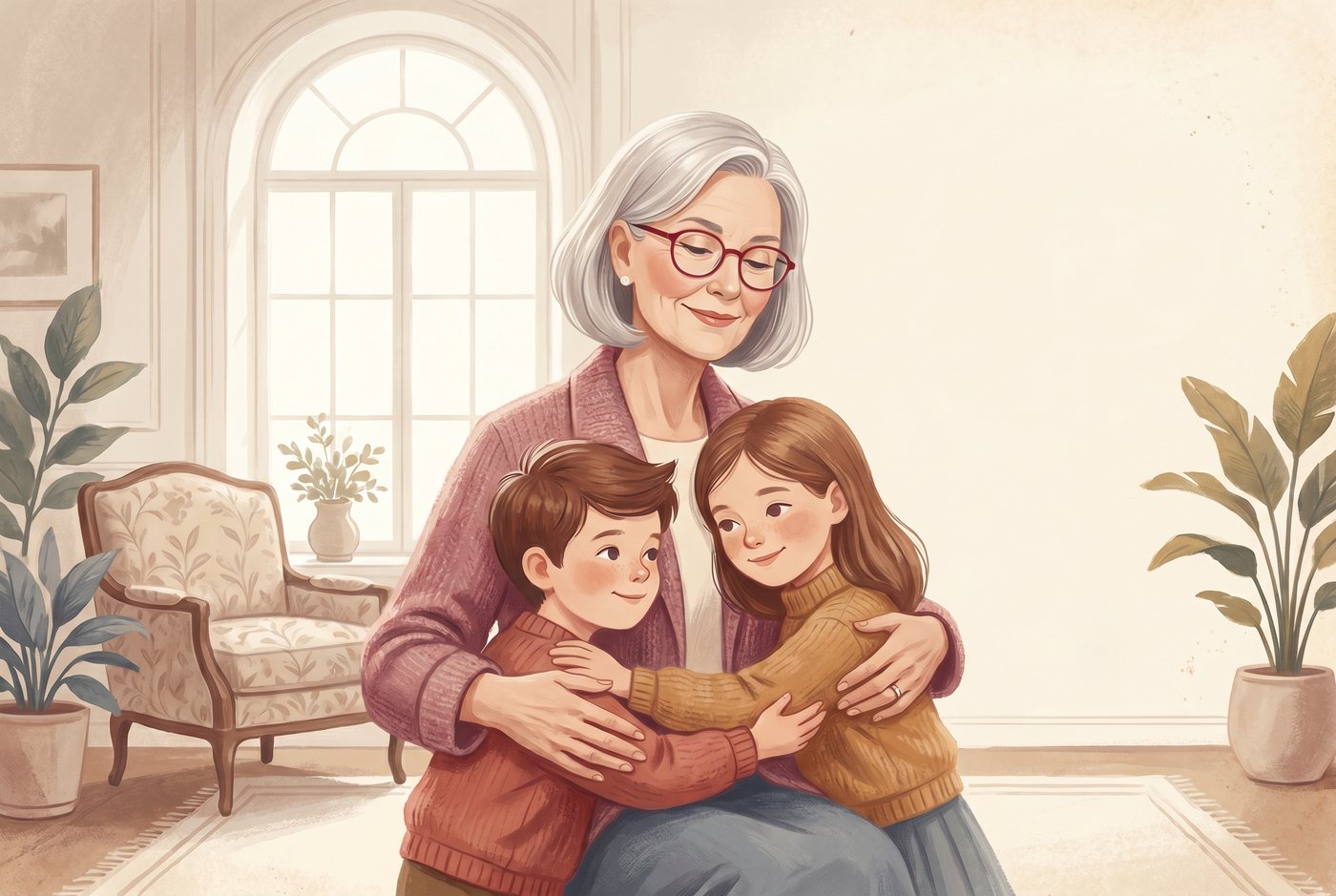Ilustracja: babcia przytula wnuki, encyklopedia odłożona