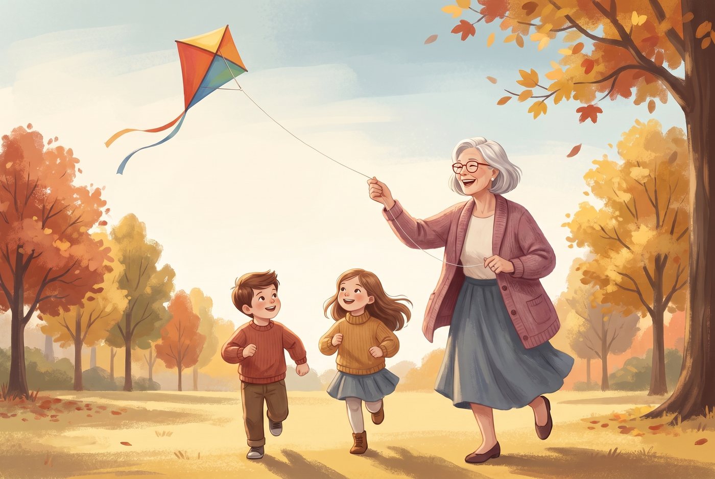 Ilustracja: babcia puszcza latawiec z wnukami