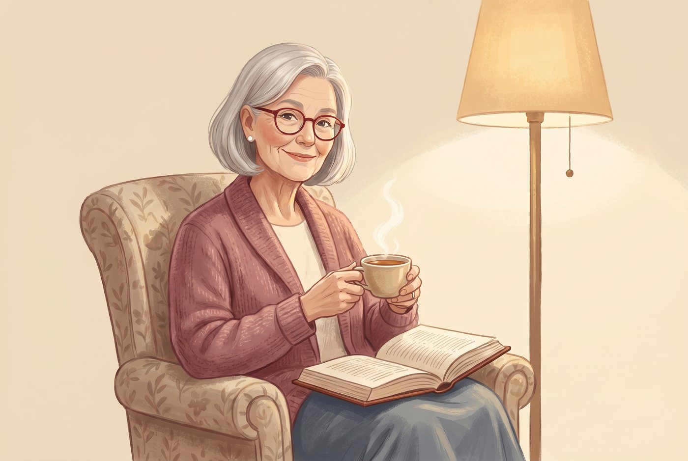Ilustracja: babcia w fotelu z herbatą i książką