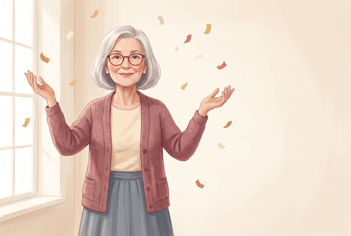 Ilustracja: roześmiana babcia świętuje siebie wśród konfetti