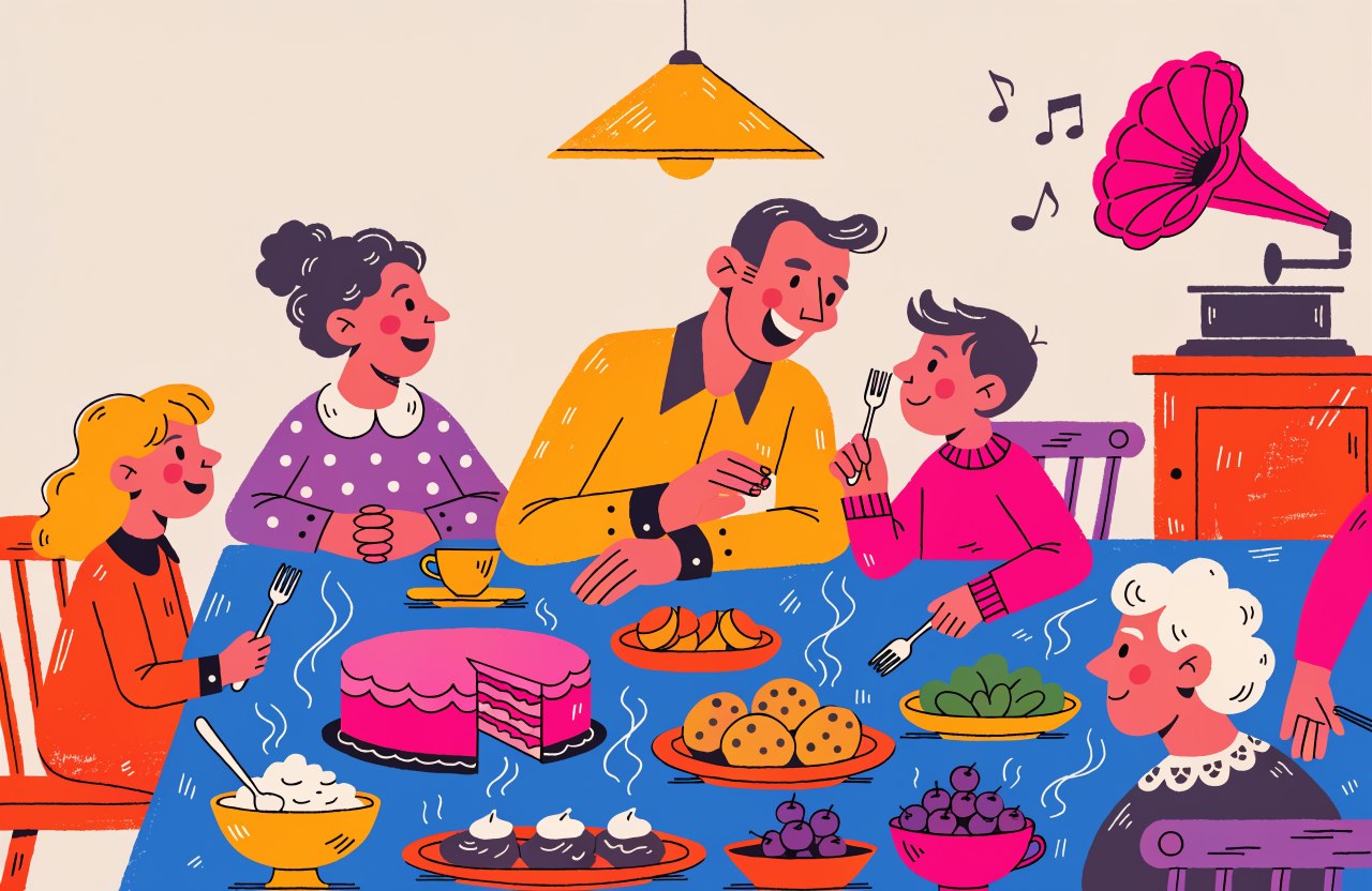 Ilustracja: rodzinna kolacja, dom pełen smaków