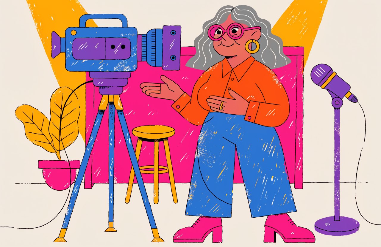 Ilustracja: kobieta przed kamerą w studiu TV